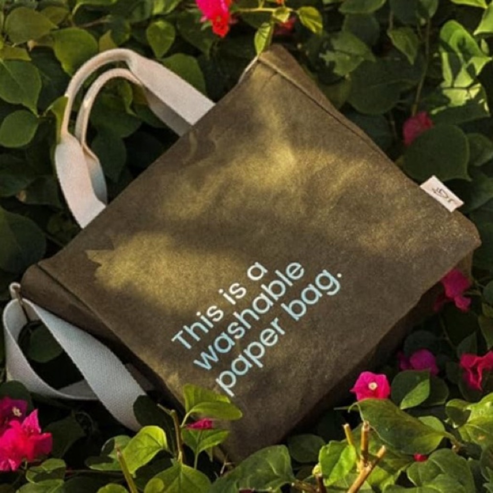 NEW “This is a Washable Paper Bag” Eco Tote Bag Paper Reusable Olive Green - Picture 2 of 7